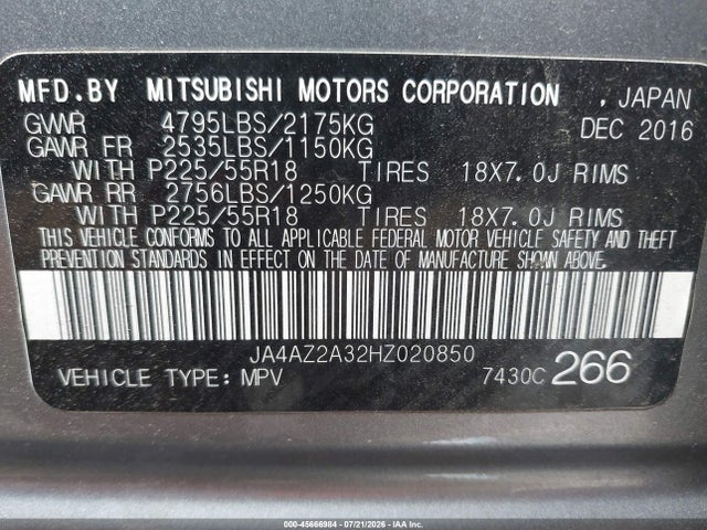 Aukcja sprzedaży 2017 Mitsubishi Outlander Es, vin: JA4AZ2A32HZ020850, numer aukcji: 45666984
