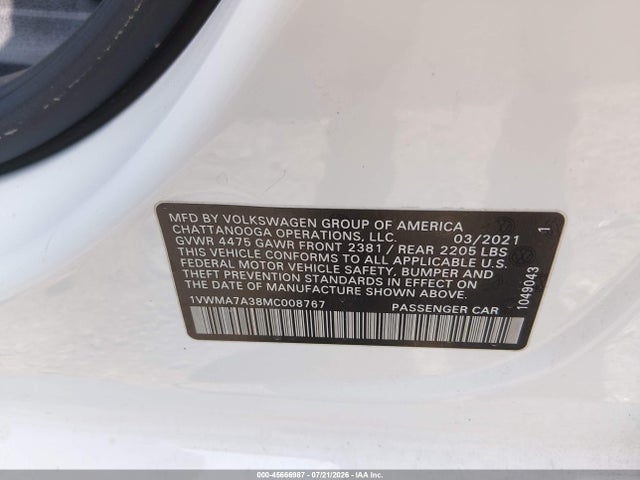 45666987 :رقم المزاد ، 1VWMA7A38MC008767 vin ، 2021 Volkswagen Passat 2.0t R-line مزاد بيع