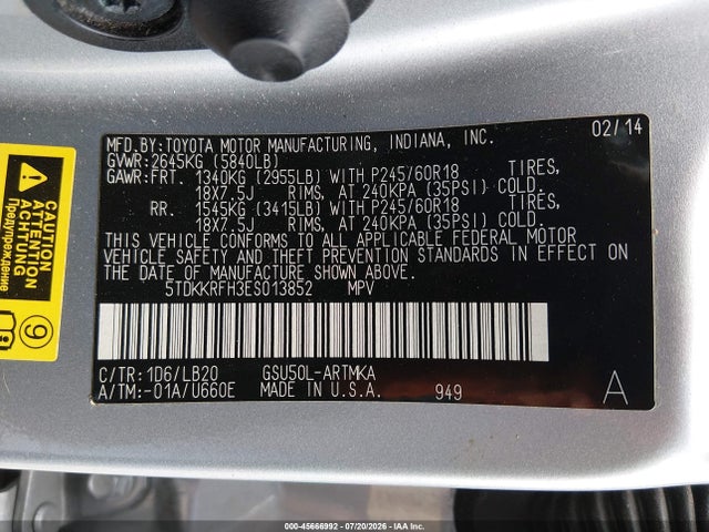 Toyota Highlander Xle V6 2014 5TDKKRFH3ES013852 Image 9