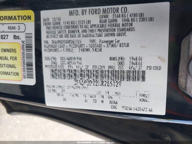 Aukcja sprzedaży 2017 Ford Fusion Platinum, vin: 3FA6P0D92HR265129, numer aukcji: 45666996