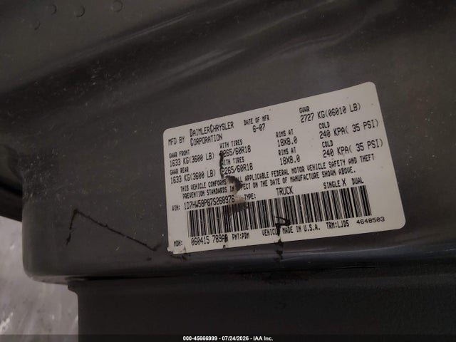 2007 Dodge Dakota Laramie მანქანა იყიდება აუქციონზე, vin: 1D7HW58P87S268976, აუქციონის ნომერი: 45666999