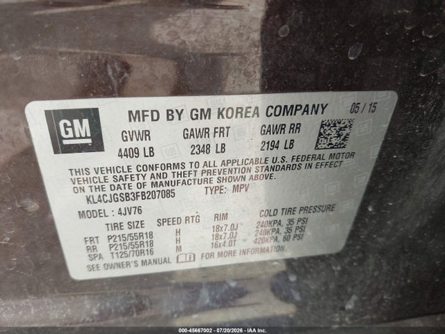 Продаж на аукціоні авто 2015 Buick Encore Leather, vin: KL4CJGSB3FB207085, номер лоту: 45667002