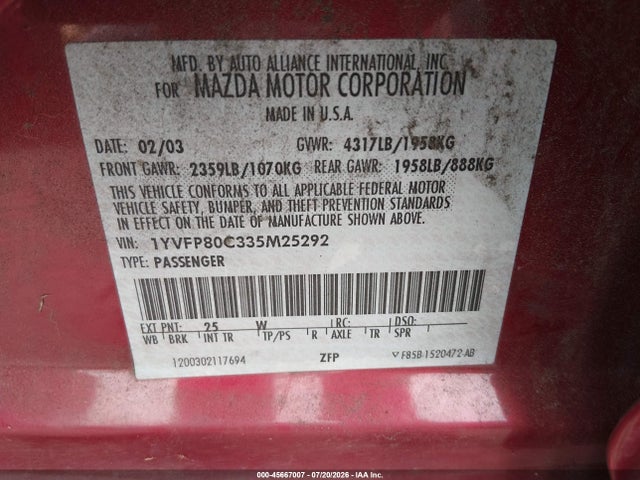 Продажа на аукционе авто 2003 Mazda Mazda6 I, vin: 1YVFP80C335M25292, номер лота: 45667007