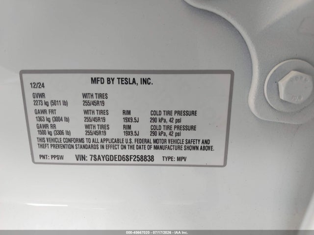 Продаж на аукціоні авто 2025 Tesla Model Y Long Range Dual Motor Rear-wheel Drive, vin: 7SAYGDED6SF258838, номер лоту: 45667020