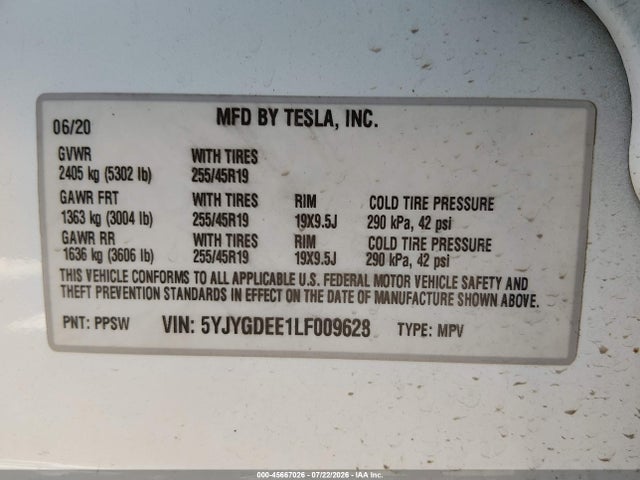 45667026 :رقم المزاد ، 5YJYGDEE1LF009628 vin ، 2020 Tesla Model Y Long Range Dual Motor All-wheel Drive مزاد بيع