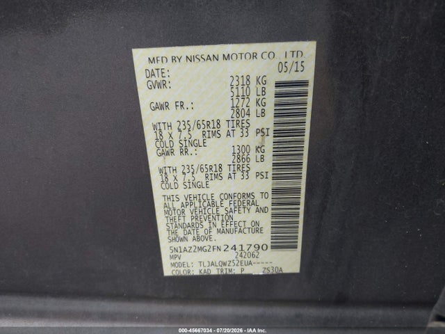 Aukcja sprzedaży 2015 Nissan Murano Sv, vin: 5N1AZ2MG2FN241790, numer aukcji: 45667034
