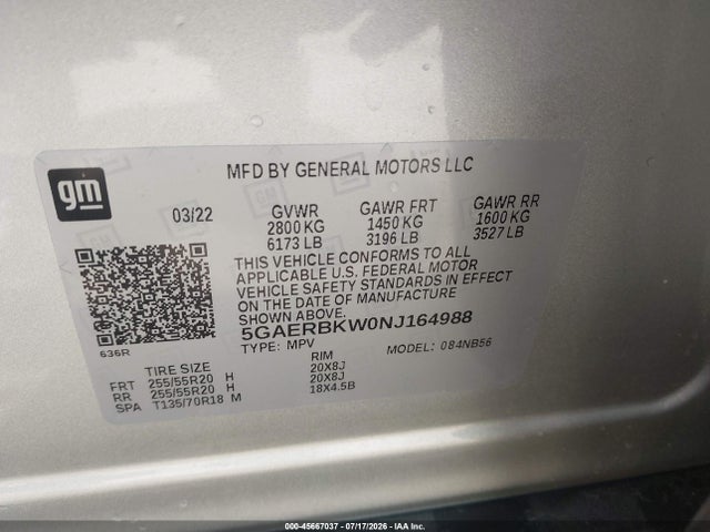 2022 Buick Enclave Fwd Essence მანქანა იყიდება აუქციონზე, vin: 5GAERBKW0NJ164988, აუქციონის ნომერი: 45667037
