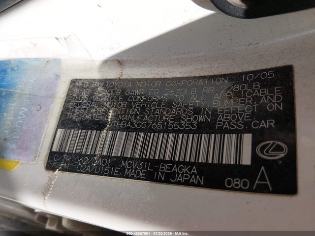 Aukcja sprzedaży 2006 Lexus Es 330, vin: JTHBA30G765155353, numer aukcji: 45667051