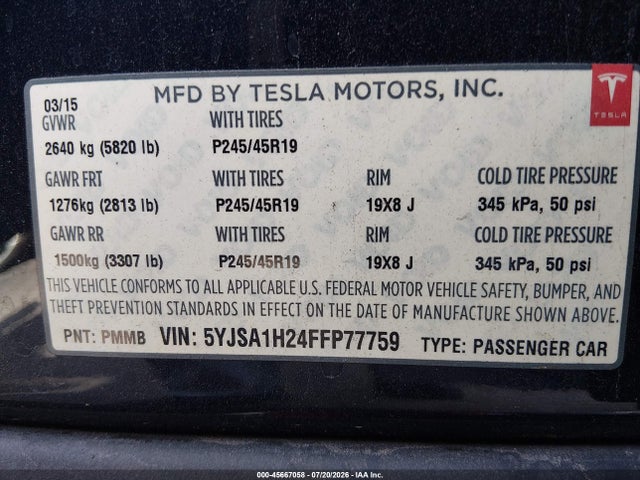 Tesla MODEL S 2015 5YJSA1H24FFP77759 Image 9