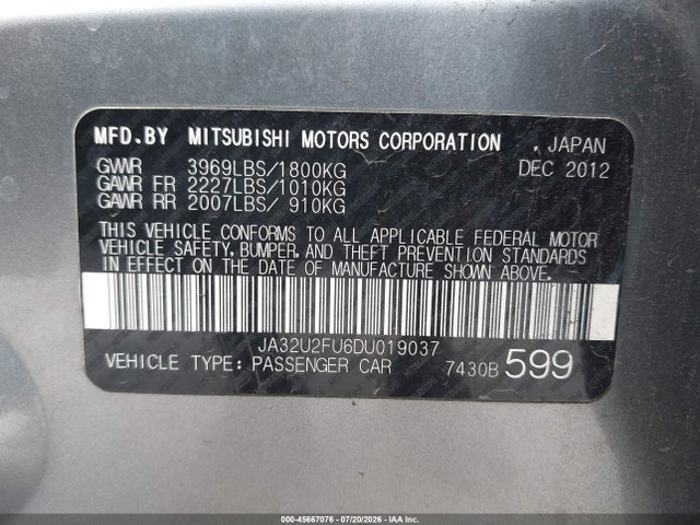 2013 Mitsubishi Lancer Es მანქანა იყიდება აუქციონზე, vin: JA32U2FU6DU019037, აუქციონის ნომერი: 45667076