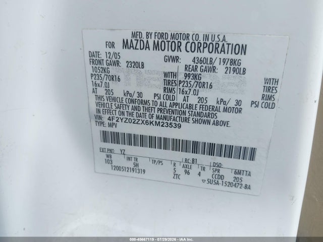 Aukcja sprzedaży 2006 Mazda Tribute I, vin: 4F2YZ02ZX6KM23539, numer aukcji: 45667119