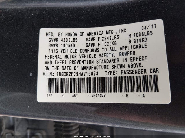 Продажа на аукционе авто 2017 Honda Accord Lx, vin: 1HGCR2F39HA219823, номер лота: 45667125