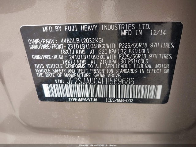 45667126 :رقم المزاد ، JF2SJAUC4FH569686 vin ، 2015 Subaru Forester 2.5i Touring مزاد بيع