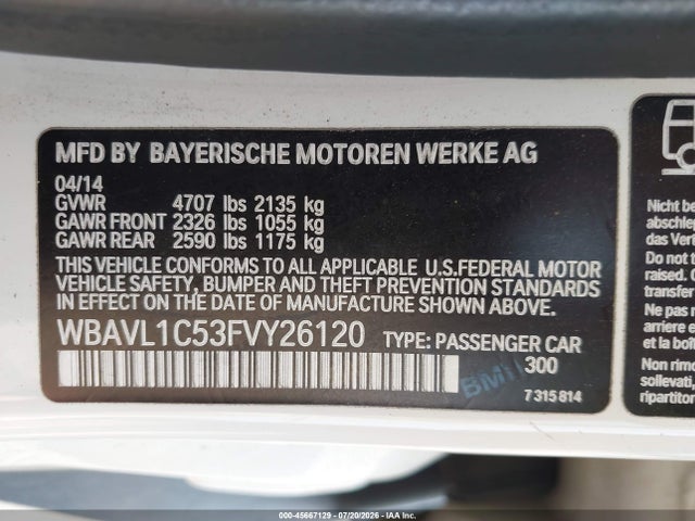 2015 Bmw X1 Xdrive28i მანქანა იყიდება აუქციონზე, vin: WBAVL1C53FVY26120, აუქციონის ნომერი: 45667129