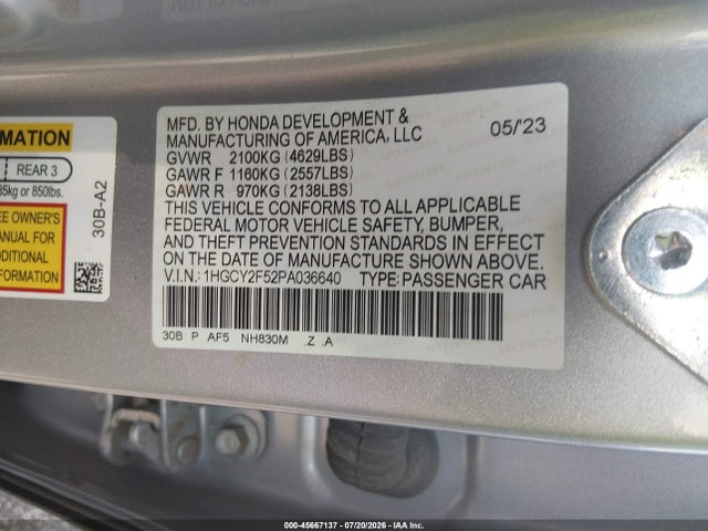 Aukcja sprzedaży 2023 Honda Accord Hybrid Sport, vin: 1HGCY2F52PA036640, numer aukcji: 45667137