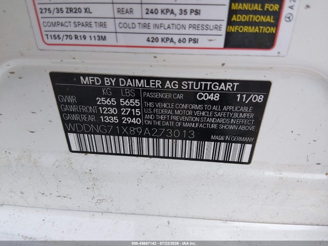 Aukcja sprzedaży 2009 Mercedes-benz S 550, vin: WDDNG71X89A273013, numer aukcji: 45667142