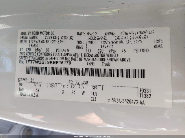 2019 Ford F-250 Lariat მანქანა იყიდება აუქციონზე, vin: 1FT7W2BT9KEF16170, აუქციონის ნომერი: 45667144