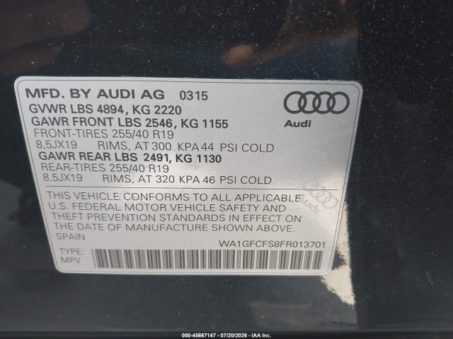 2015 Audi Q3 2.0t Premium Plus მანქანა იყიდება აუქციონზე, vin: WA1GFCFS8FR013701, აუქციონის ნომერი: 45667147