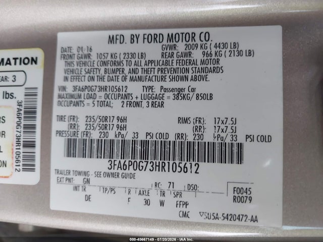 Auction sale of the 2017 Ford Fusion S, vin: 3FA6P0G73HR105612, lot number: 45667149