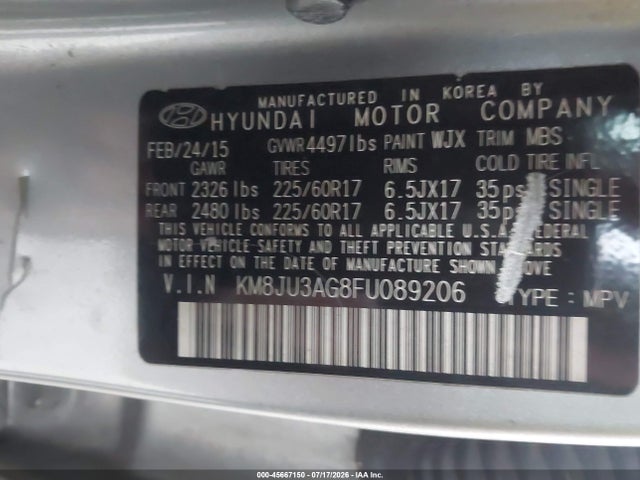 Auction sale of the 2015 Hyundai Tucson Se, vin: KM8JU3AG8FU089206, lot number: 45667150