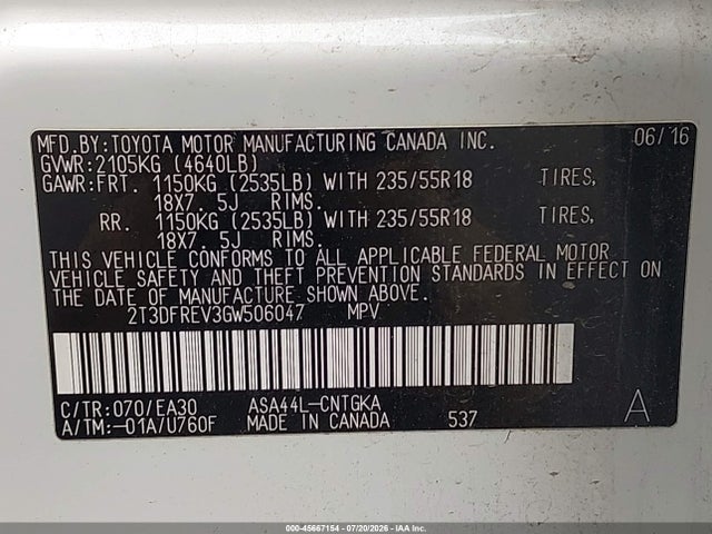 2T3DFREV3GW506047 Toyota Rav4 Limited