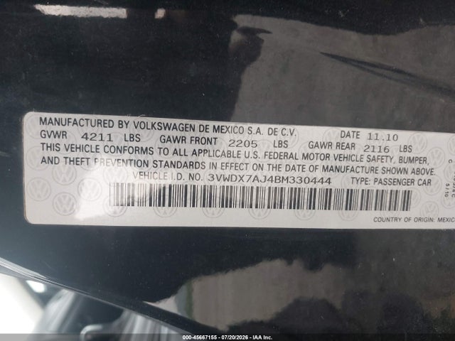 Продаж на аукціоні авто 2011 Volkswagen Jetta 2.5l Se, vin: 3VWDX7AJ4BM330444, номер лоту: 45667155