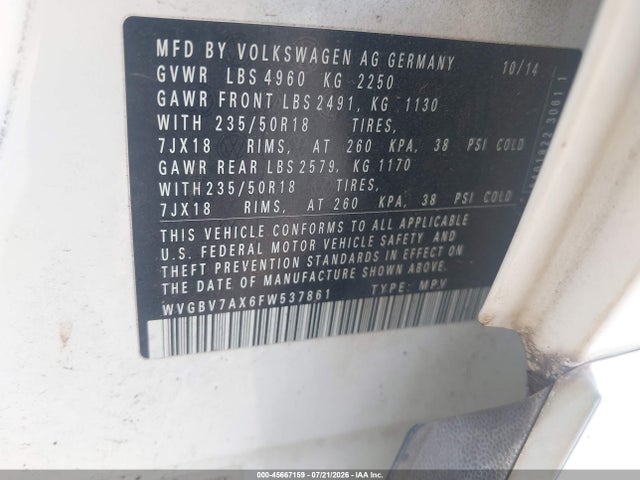 Aukcja sprzedaży 2015 Volkswagen Tiguan Sel, vin: WVGBV7AX6FW537861, numer aukcji: 45667159