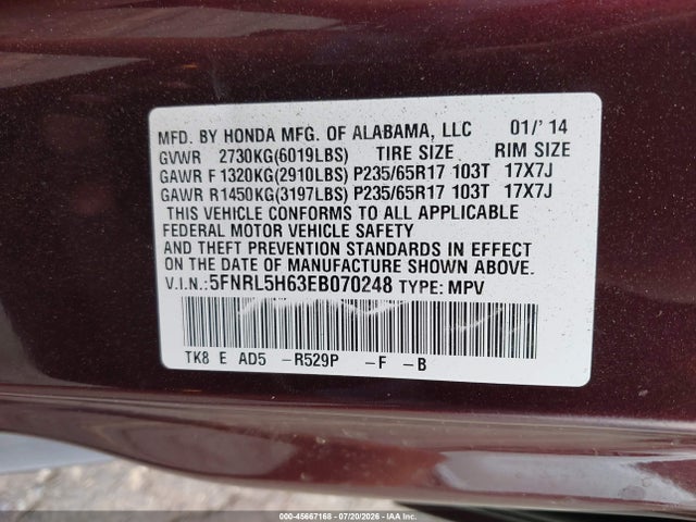 Honda Odyssey Ex-l 2014 5FNRL5H63EB070248 Image 9