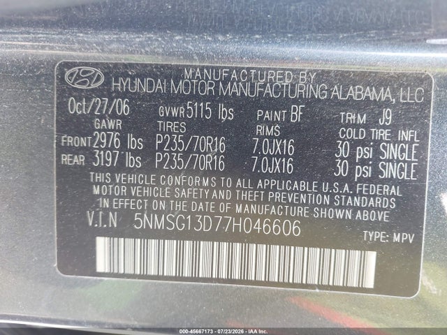 Продаж на аукціоні авто 2007 Hyundai Santa Fe Gls, vin: 5NMSG13D77H046606, номер лоту: 45667173