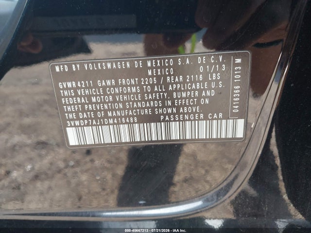 45667213 :رقم المزاد ، 3VWDP7AJ1DM416488 vin ، 2013 Volkswagen Jetta 2.5l Se مزاد بيع