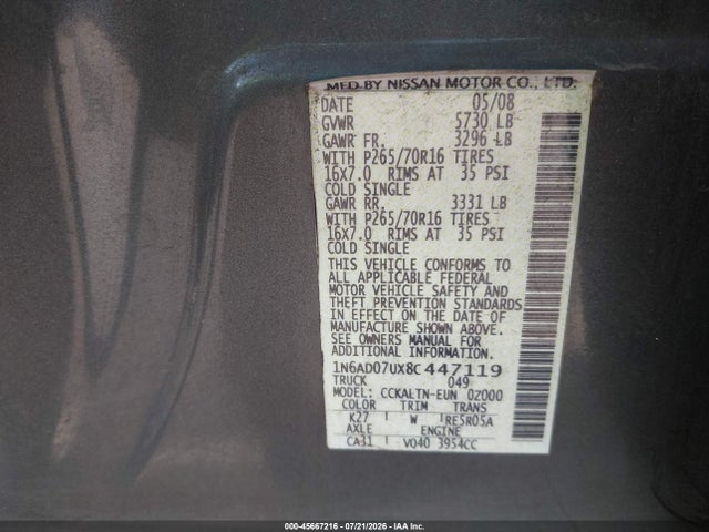 Продаж на аукціоні авто 2008 Nissan Frontier Se, vin: 1N6AD07UX8C447119, номер лоту: 45667216