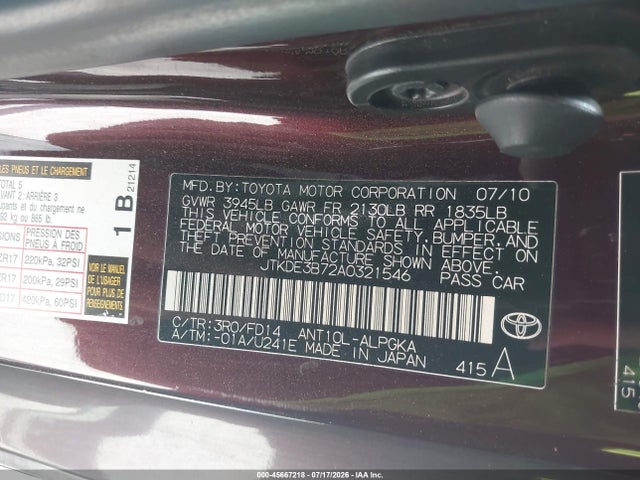 45667218 :رقم المزاد ، JTKDE3B72A0321546 vin ، 2010 Scion Tc مزاد بيع