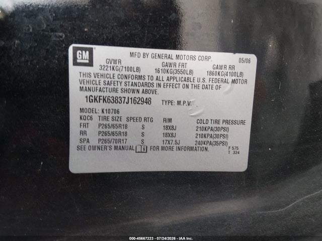 45667223 :رقم المزاد ، 1GKFK63837J162948 vin ، 2007 Gmc Yukon Denali Denali مزاد بيع