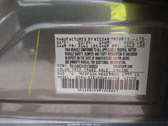 3N1AB8CV4RY348829 Nissan Sentra Sv Xtronic Cvt