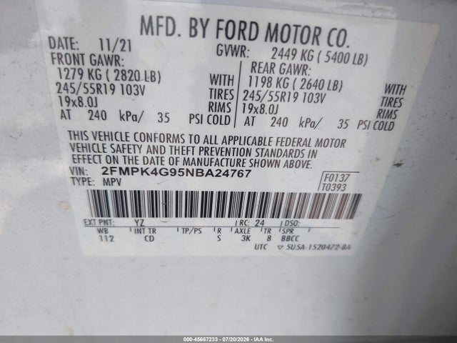 Продажа на аукционе авто 2022 Ford Edge Se, vin: 2FMPK4G95NBA24767, номер лота: 45667233