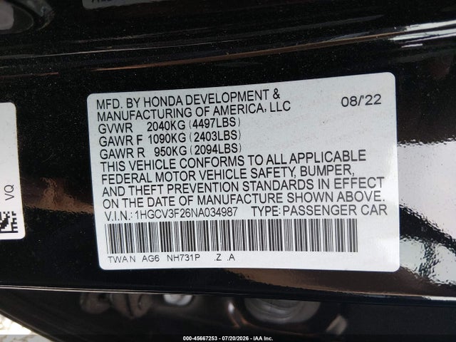 1HGCV3F26NA034987 Honda Accord Hybrid Sport