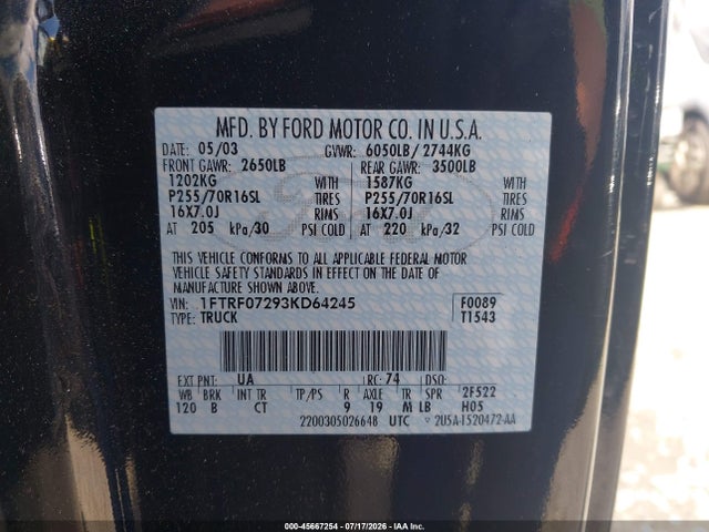 45667254 :رقم المزاد ، 1FTRF07293KD64245 vin ، 2003 Ford F-150 Xl/xlt مزاد بيع