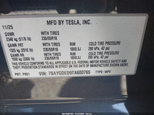 Продаж на аукціоні авто 2026 Tesla Model Y Premium Rear-wheel Drive/rear-wheel Drive, vin: 7SAYGDED9TA600765, номер лоту: 45667263