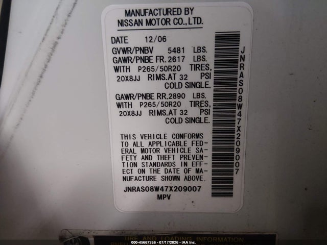 Продажа на аукционе авто 2007 Infiniti Fx35, vin: JNRAS08W47X209007, номер лота: 45667266