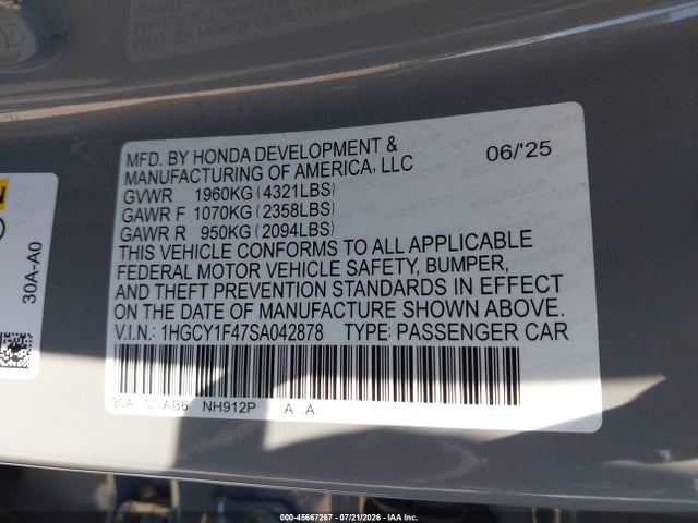 45667267 :رقم المزاد ، 1HGCY1F47SA042878 vin ، 2025 Honda Accord Se مزاد بيع