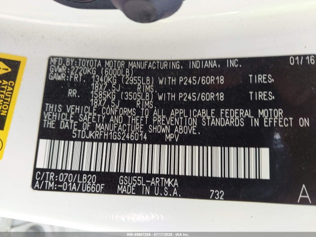 Toyota Highlander Xle V6 2016 5TDJKRFH1GS246014 Image 9