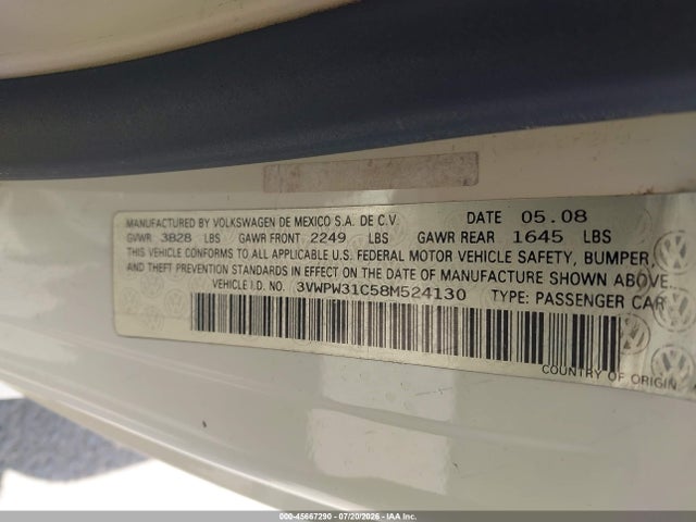 45667290 :رقم المزاد ، 3VWPW31C58M524130 vin ، 2008 Volkswagen New Beetle S مزاد بيع