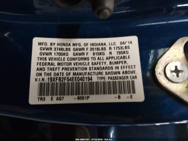 45667291 :رقم المزاد ، 19XFB2F54EE040194 vin ، 2014 Honda Civic Lx مزاد بيع