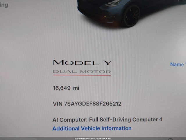 Продажа на аукционе авто 2025 Tesla Model Y Performance Dual Motor All-wheel Drive, vin: 7SAYGDEF8SF265212, номер лота: 45667295