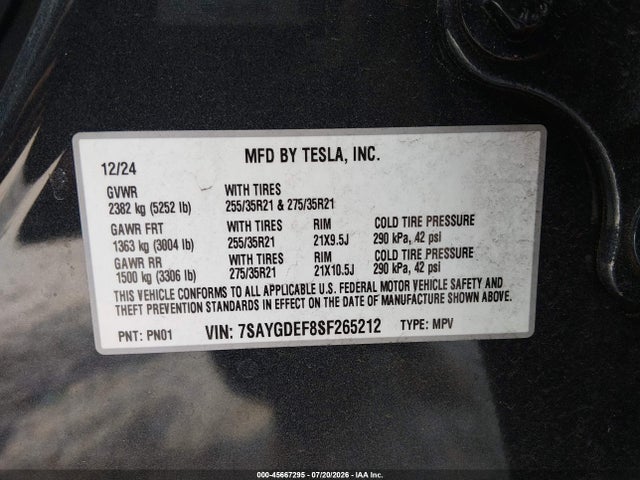 Продажа на аукционе авто 2025 Tesla Model Y Performance Dual Motor All-wheel Drive, vin: 7SAYGDEF8SF265212, номер лота: 45667295
