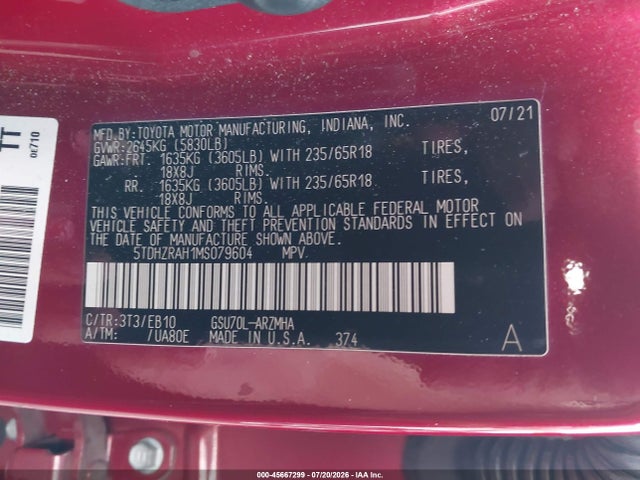 5TDHZRAH1MS079604 Toyota Highlander Xle