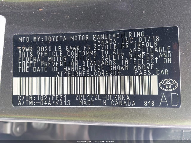 Toyota COROLLA LE 2018 2T1BURHE5JC046206 Image 9