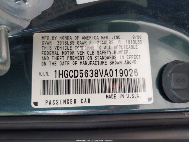1997 Honda Accord Lx მანქანა იყიდება აუქციონზე, vin: 1HGCD5638VA019026, აუქციონის ნომერი: 45667312