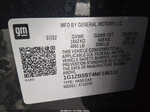 1G1ZB5ST4NF186127 Chevrolet Malibu Fwd Ls