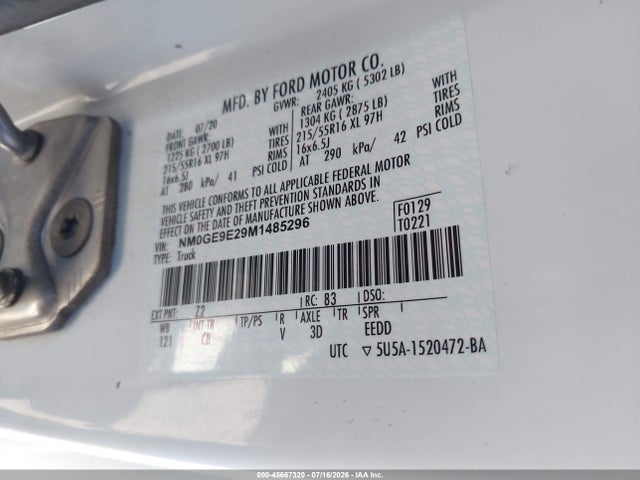 Aukcja sprzedaży 2021 Ford Transit Connect Xl Passenger, vin: NM0GE9E29M1485296, numer aukcji: 45667320